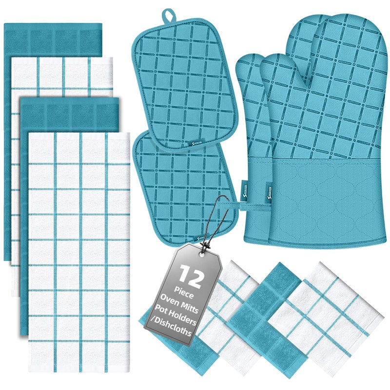 Oven Mitts Kitchen Towels and Dishcloths Pot Holders Sets Oven Gloves Kitchen Dish Towels 500 Degree Heat Resistant Potholders with NonSlip Silicone Surface for Cooking Grilling BakingBlue