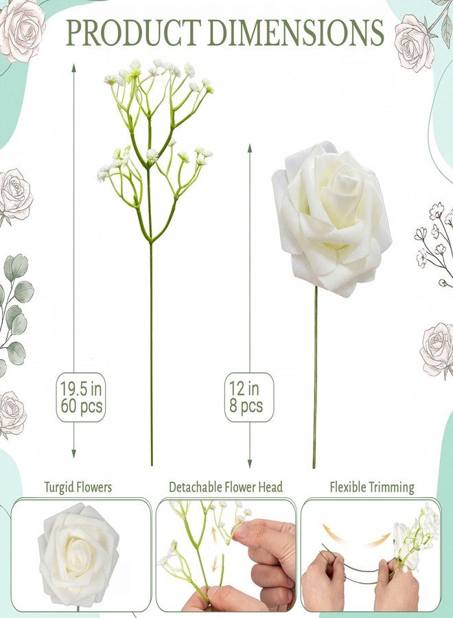 Bribay 68Pcs Babys Breath Artificial Flowers Mixed with White Roses with Stems, Real Looking Ivory Roses & White Gypsophila Bouquet for Wedding Centerpieces Bridal Shower Vase Home & Outdoor Decor - Image 2