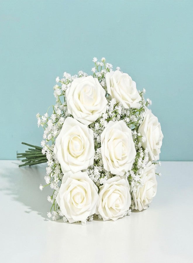 Bribay 68Pcs Babys Breath Artificial Flowers Mixed with White Roses with Stems, Real Looking Ivory Roses & White Gypsophila Bouquet for Wedding Centerpieces Bridal Shower Vase Home & Outdoor Decor - Image 1