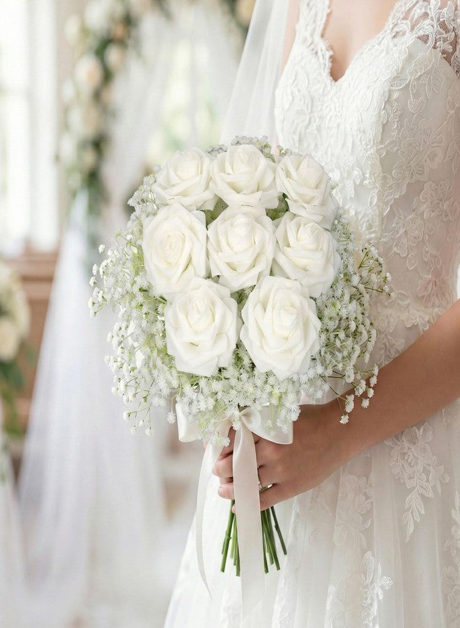 Bribay 68Pcs Babys Breath Artificial Flowers Mixed with White Roses with Stems, Real Looking Ivory Roses & White Gypsophila Bouquet for Wedding Centerpieces Bridal Shower Vase Home & Outdoor Decor - Image 4