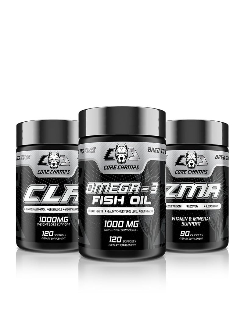 CORE CHAMPS Core Champs Bundle - Omega-3 Fish Oil 1000Mg 120Sgel/60Sv +  CLA 1000Mg 120Sgel/120Sv + ZMA 90Cap/30Sv 
