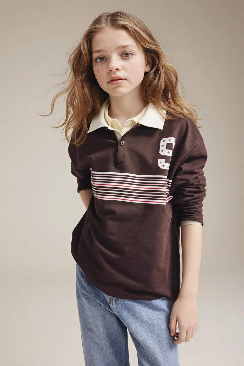 DeFacto Girl Polo Neck Printed T-Shirt