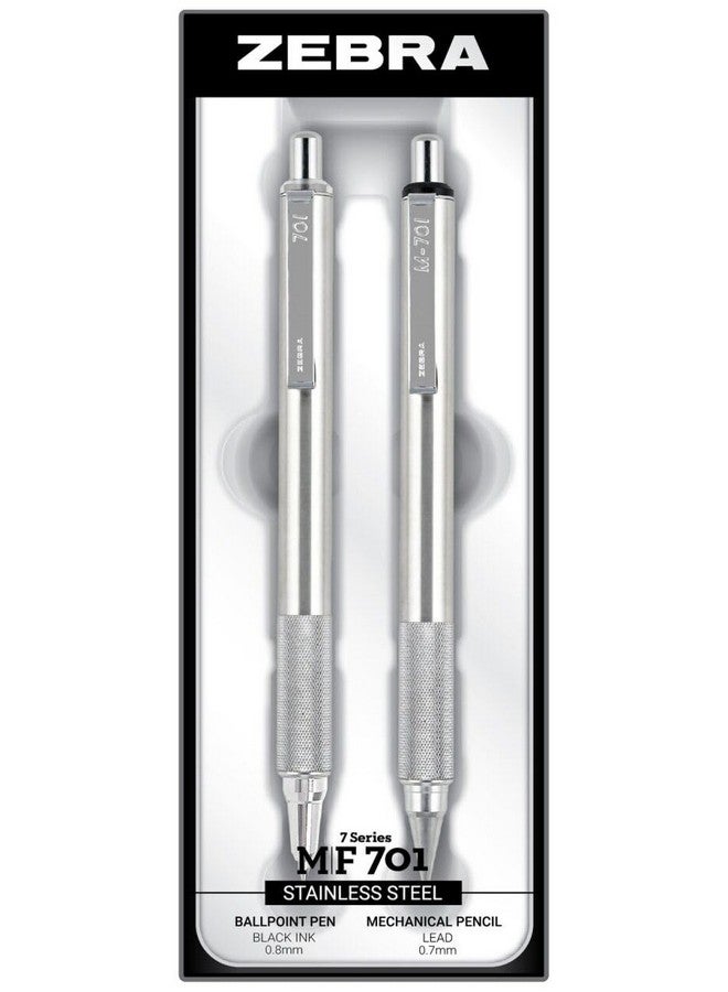 Zebra Pen M/F 701 Stainless Steel Mechanical Pencil and Ballpoint Pen Set, Fine Point, 0.7mm HB Lead and 0.8mm Black Ink, 2-Count Gift Set, Silver (10519) - Image 1
