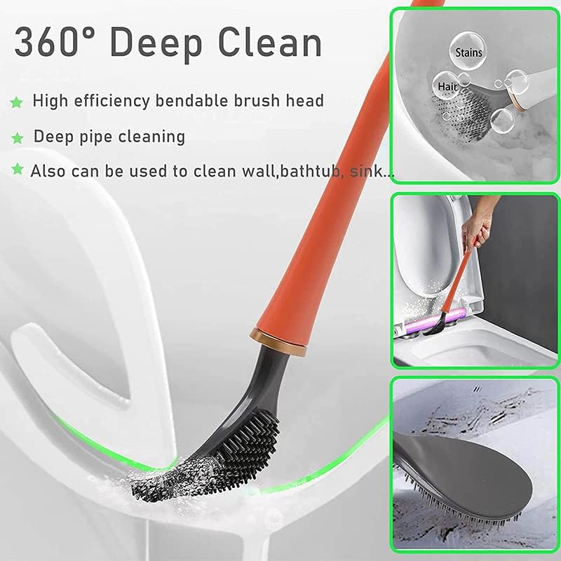 SANGOZ Toilet Brush with Hard Plastic Holder Comes with Slim Flex Brush Set, No-Slip Long Handle Soft Silicone Bristles Brush Ideal for Home and Kitchen Tiles Cleaning - Image 5