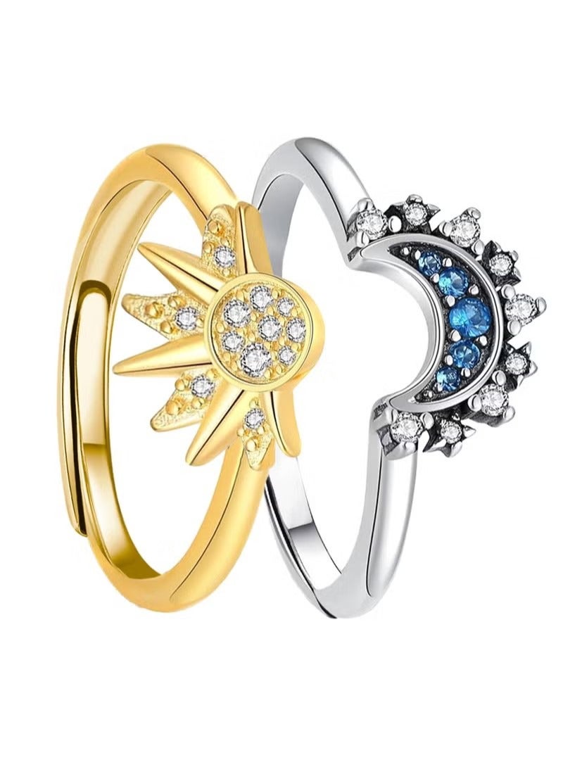 خاتم الشمس والقمر مجموعة خواتم تكديس للنساء ، خواتم مطابقة مجوهرات سماوية قابلة للتعديل أنيلوس بارا موخير كحلقات صداقة لأفضل هدايا صديق ، حلقات تكديس قمر الشمس للفتيات المراهقات - Image 1