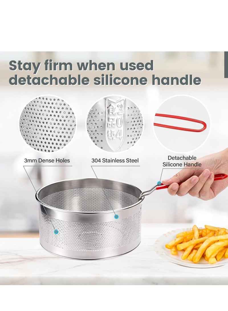 Deep Fryer Basket Round Stainless Steel Frying Basket with Long and Foldable Heat Resistant Silicone Handle for Frying French Fries Chickens Boiling Pasta Potatoes  - Image 3