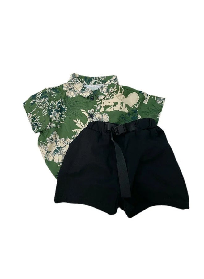 MiniMe Boys’ Summer 2-Piece Set | 18‑24 Months | Green Floral & Black | 100% Cotton | Includes Floral Shirt & Shorts | Lightweight & Breathable | Stylish & Comfortable | Ideal For Vacations & Daily Wear | Easy To Wash - Image 1