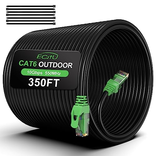 ecjtu 350FT Cat6 Outdoor Ethernet Cable, In-Ground, Heavy Duty Direct Burial, 24AWG CCA Patch Cord for Laptops, PCs, Routers, Printers, Surveillance Camera, PoE, UTP Cat 6 Internet Cable with 25 Cable Ties - Image 1