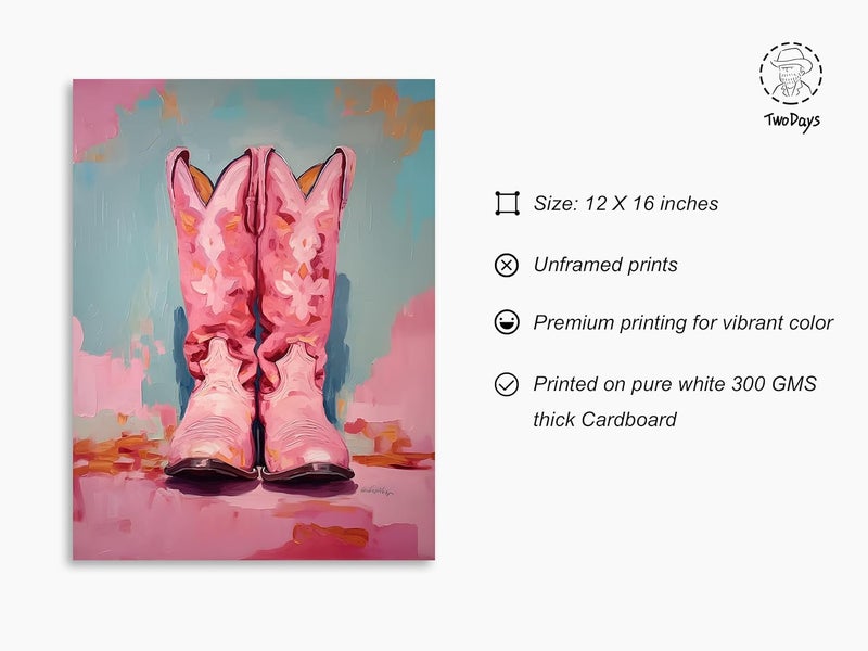 TwoDays Pink Cowgirl Boots Room Decor, Girly Western Paintings for Apartment, Coastal Cowboy Boot Wall Art Prints for Teen Girls Bedroom. (12" X 16", UNFRAMED) - Image 2