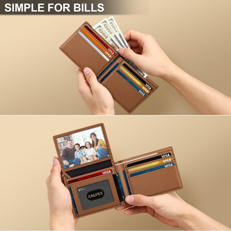 ZALVEX Wallet for Men Slim RFID Blocking Leather Credit Card Holder Wallet for 14 Cards, Bifold Minimalist Thin Wallet with 2 ID Windows & Cash Slot, Front Pockt Carteras Para Hombres, Birthday Gifts for Men - Image 5