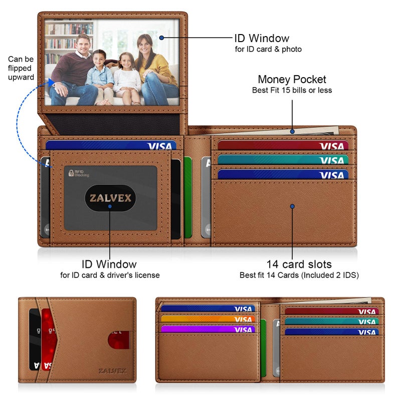 ZALVEX Wallet for Men Slim RFID Blocking Leather Credit Card Holder Wallet for 14 Cards, Bifold Minimalist Thin Wallet with 2 ID Windows & Cash Slot, Front Pockt Carteras Para Hombres, Birthday Gifts for Men - Image 2