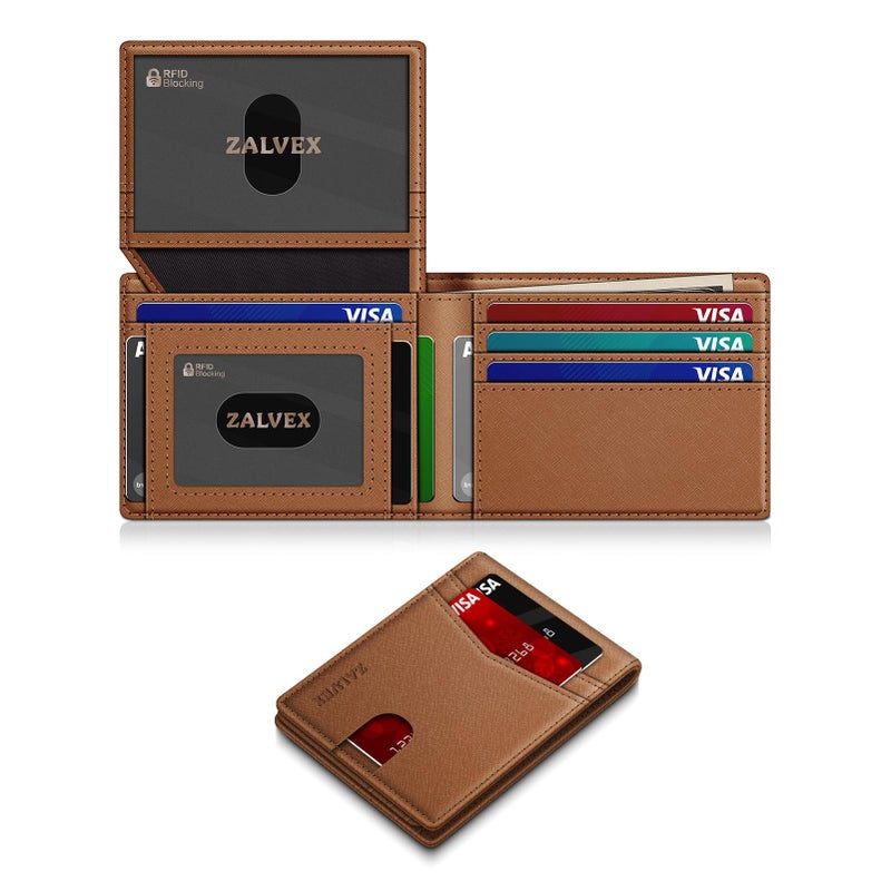 ZALVEX Wallet for Men Slim RFID Blocking Leather Credit Card Holder Wallet for 14 Cards, Bifold Minimalist Thin Wallet with 2 ID Windows & Cash Slot, Front Pockt Carteras Para Hombres, Birthday Gifts for Men - Image 1