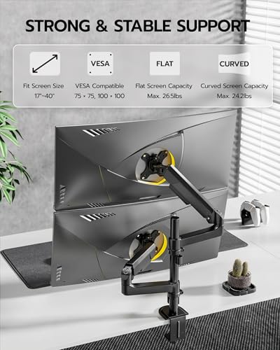 ARES WING Dual Monitor Mount - Ultrawide Monitor Arm for 40 34 32 27 Inch Heavy Duty Curved Screen Up to 26.4 lbs with Clamp/Grommet Desk Mount, 75/100 Vesa Mount, Black - Image 2