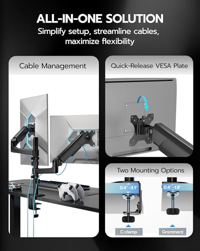 ARES WING Dual Monitor Mount - Ultrawide Monitor Arm for 40 34 32 27 Inch Heavy Duty Curved Screen Up to 26.4 lbs with Clamp/Grommet Desk Mount, 75/100 Vesa Mount, Black - Image 3