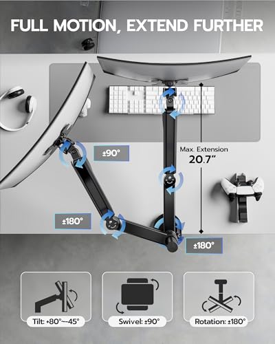 ARES WING Dual Monitor Mount - Ultrawide Monitor Arm for 40 34 32 27 Inch Heavy Duty Curved Screen Up to 26.4 lbs with Clamp/Grommet Desk Mount, 75/100 Vesa Mount, Black - Image 5