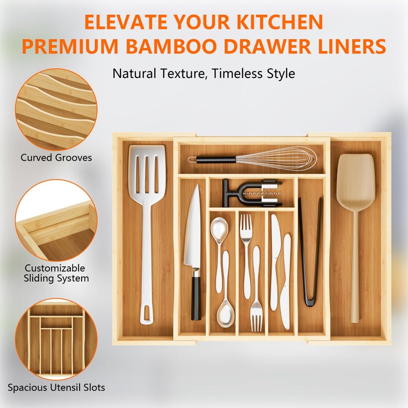 Azaeahom Expandable and Adjustable Bamboo Drawer Organizer Tray - Cutlery Drawer Organizer for Kitchen Utensils, Silverware Organizer with Dividers, 7-9 Slots with Curved Grooves (Natural) - Image 3