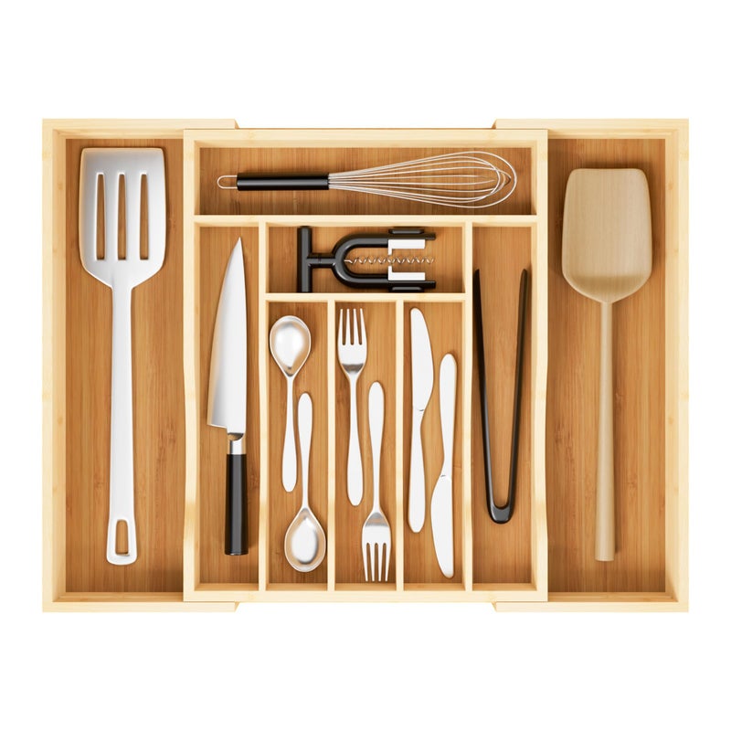 Azaeahom Expandable and Adjustable Bamboo Drawer Organizer Tray - Cutlery Drawer Organizer for Kitchen Utensils, Silverware Organizer with Dividers, 7-9 Slots with Curved Grooves (Natural) - Image 1
