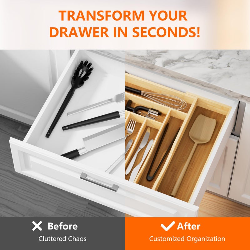 Azaeahom Expandable and Adjustable Bamboo Drawer Organizer Tray - Cutlery Drawer Organizer for Kitchen Utensils, Silverware Organizer with Dividers, 7-9 Slots with Curved Grooves (Natural) - Image 5