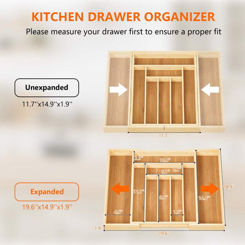 Azaeahom Expandable and Adjustable Bamboo Drawer Organizer Tray - Cutlery Drawer Organizer for Kitchen Utensils, Silverware Organizer with Dividers, 7-9 Slots with Curved Grooves (Natural) - Image 2