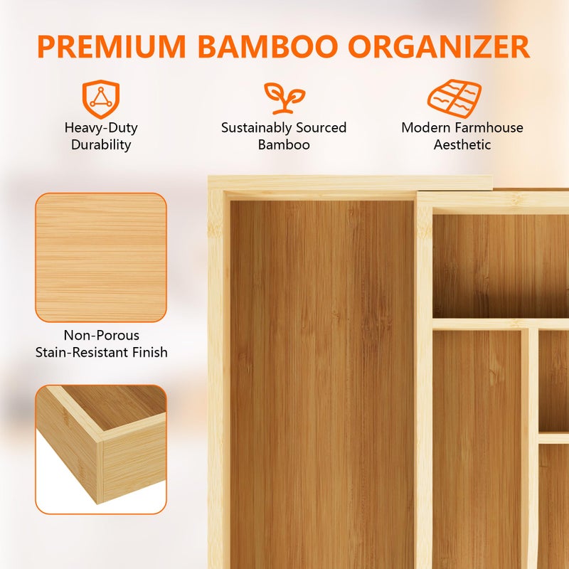 Azaeahom Expandable and Adjustable Bamboo Drawer Organizer Tray - Cutlery Drawer Organizer for Kitchen Utensils, Silverware Organizer with Dividers, 7-9 Slots with Curved Grooves (Natural) - Image 4