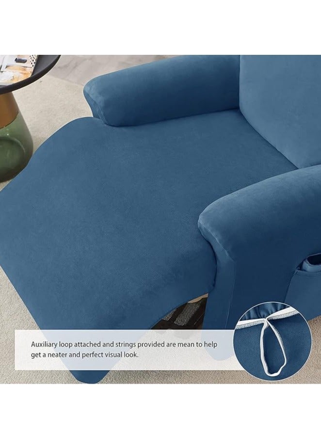 general 4-piece velvet chaise longue cover, stretch velvet lounge chair cover for living room with side pockets, TV chair protector, seat width 58-89 cm (Blue) - Image 3