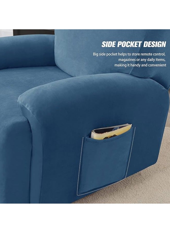 general 4-piece velvet chaise longue cover, stretch velvet lounge chair cover for living room with side pockets, TV chair protector, seat width 58-89 cm (Blue) - Image 4