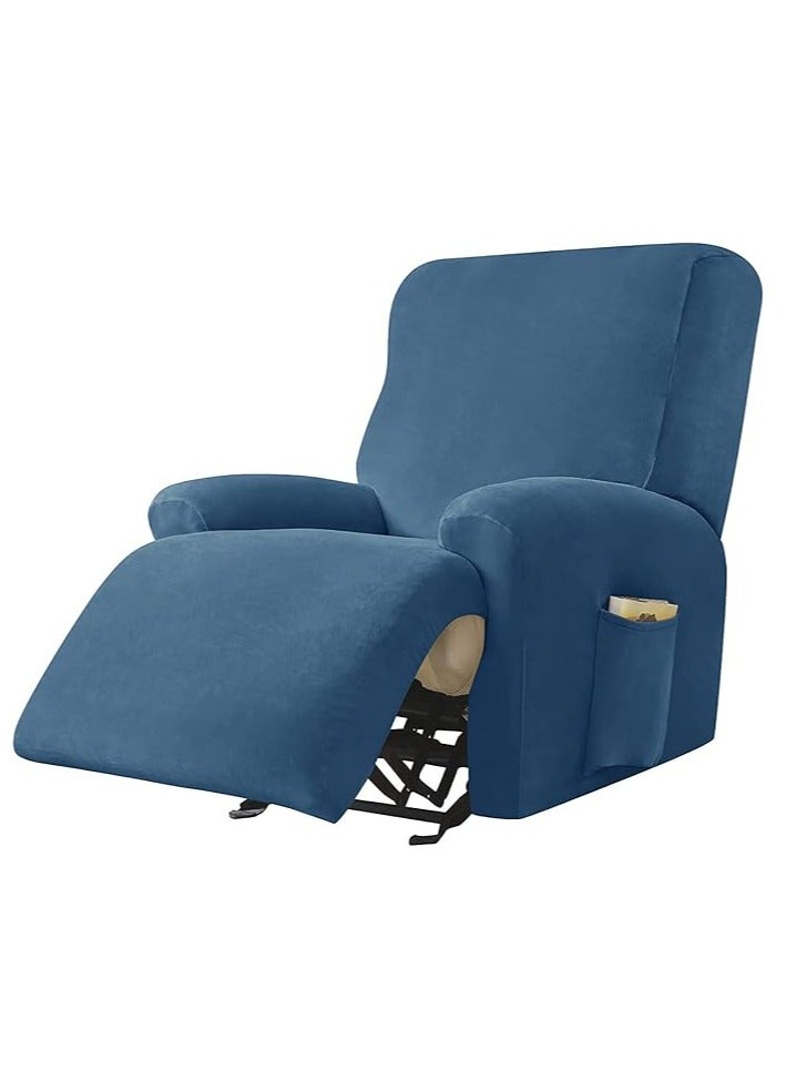 general 4-piece velvet chaise longue cover, stretch velvet lounge chair cover for living room with side pockets, TV chair protector, seat width 58-89 cm (Blue) - Image 1