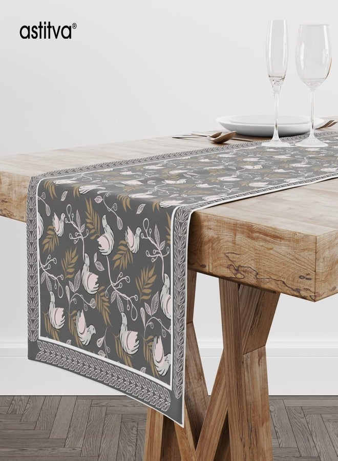 Astitva Cotton Table Runner - 13 x 72 Inches | 6-8 Seater Washable Dining Table, Centre Table, Wedding & Party Decor - Bloomy Bird Print - Grey - Image 4