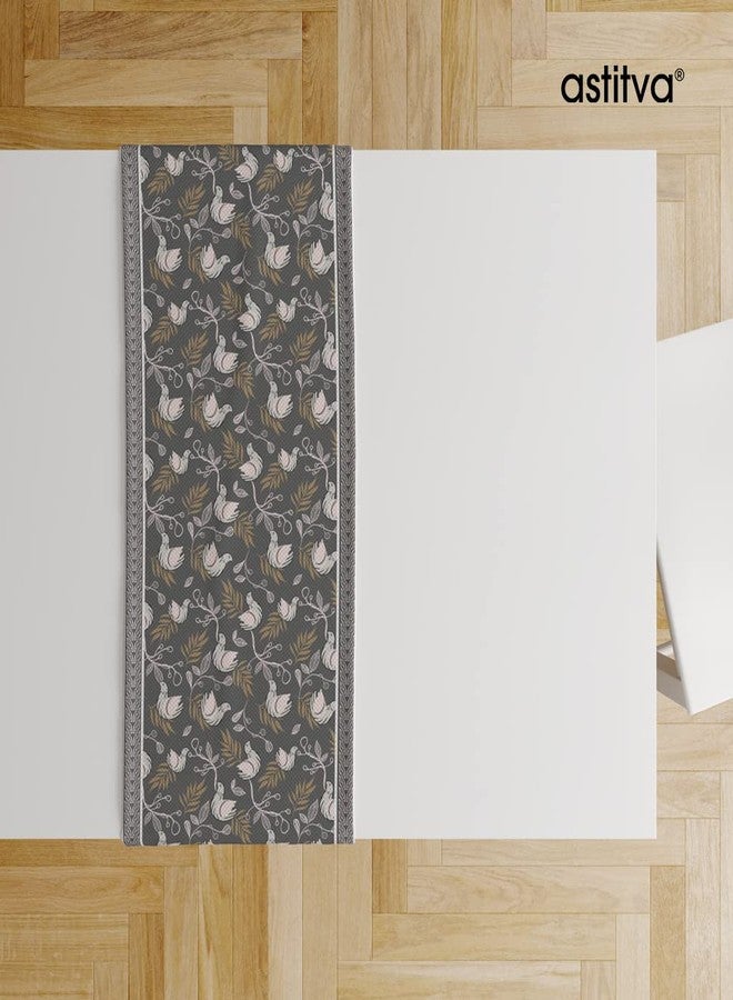 Astitva Cotton Table Runner - 13 x 72 Inches | 6-8 Seater Washable Dining Table, Centre Table, Wedding & Party Decor - Bloomy Bird Print - Grey - Image 2
