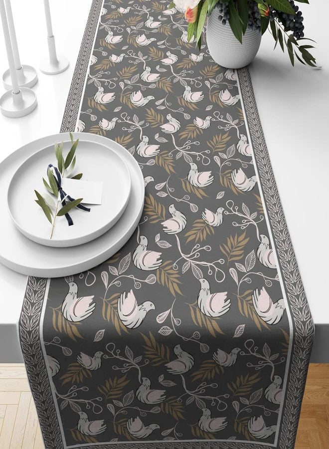 Astitva Cotton Table Runner - 13 x 72 Inches | 6-8 Seater Washable Dining Table, Centre Table, Wedding & Party Decor - Bloomy Bird Print - Grey - Image 1