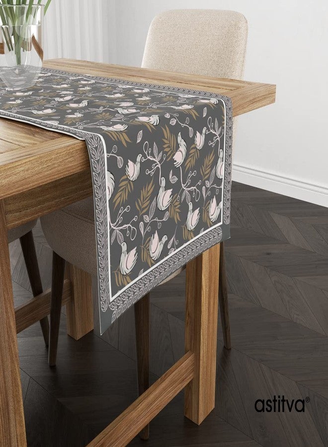 Astitva Cotton Table Runner - 13 x 72 Inches | 6-8 Seater Washable Dining Table, Centre Table, Wedding & Party Decor - Bloomy Bird Print - Grey - Image 3