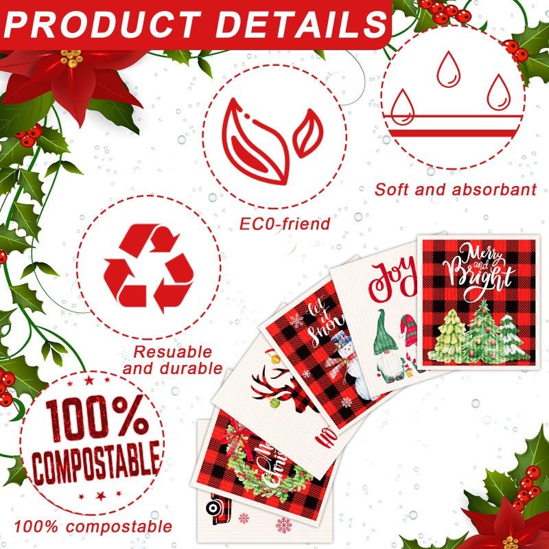 Tevxj 6 Pieces Christmas Swedish Dishcloths Set Soft Absorbent Christmas Cleaning Cloths Washable Kitchen Dishcloths Quick Drying Swedish Dish Cloth Xmas Kitchen Home Reusable Cleaning Cloths Towels - Image 3