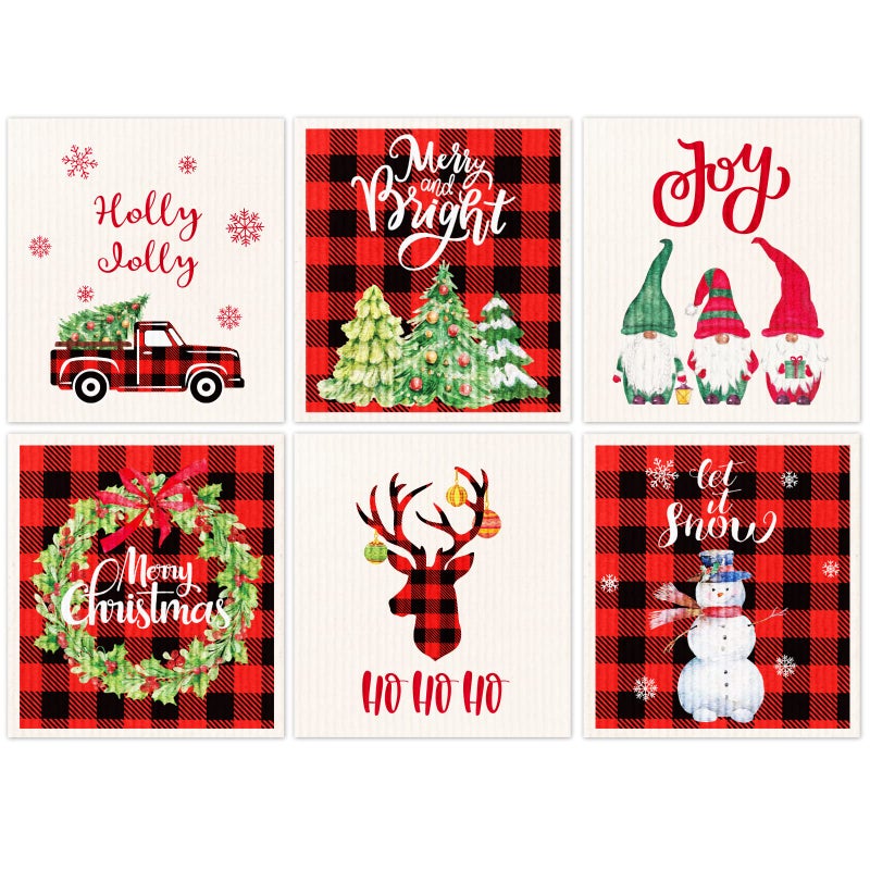 Tevxj 6 Pieces Christmas Swedish Dishcloths Set Soft Absorbent Christmas Cleaning Cloths Washable Kitchen Dishcloths Quick Drying Swedish Dish Cloth Xmas Kitchen Home Reusable Cleaning Cloths Towels - Image 1