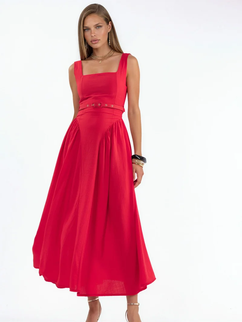 بوسيم BUSEM Square Collar Belted Midi Dress