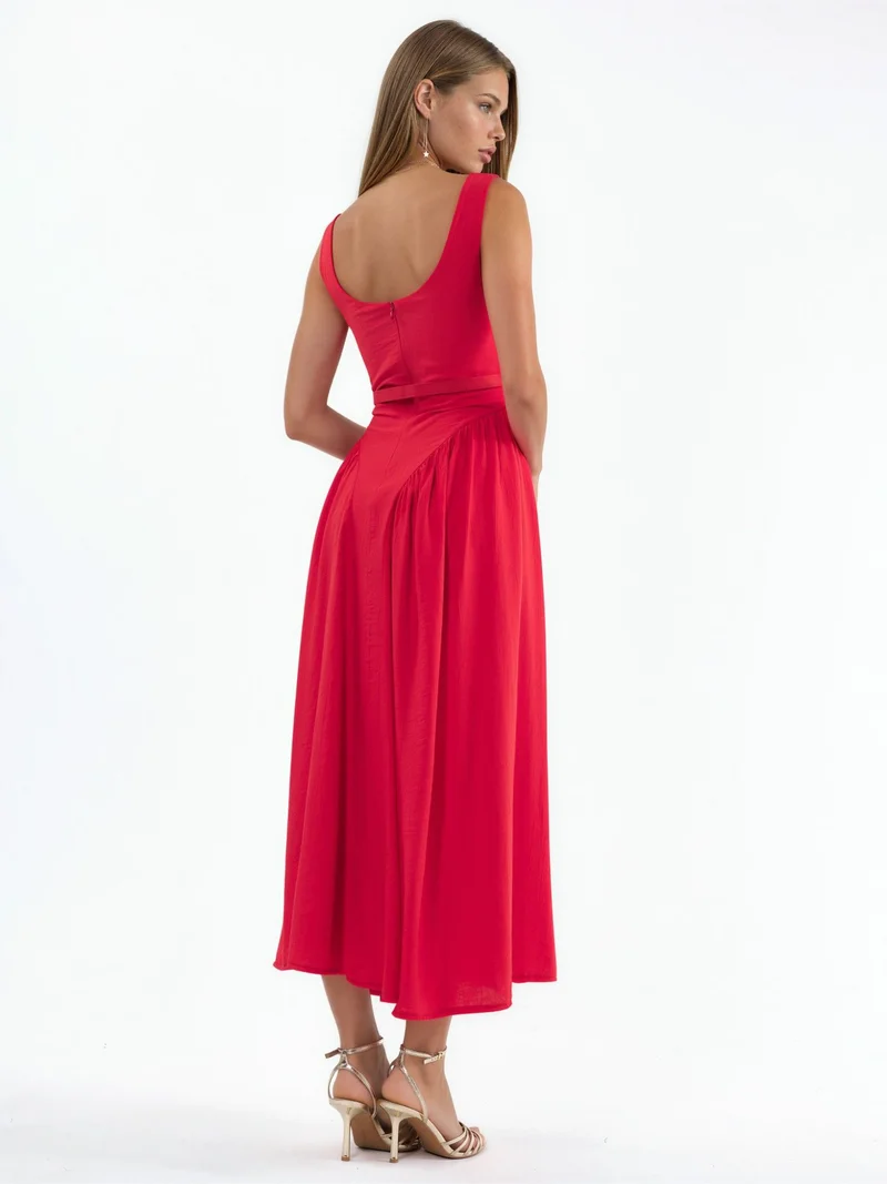 بوسيم BUSEM Square Collar Belted Midi Dress