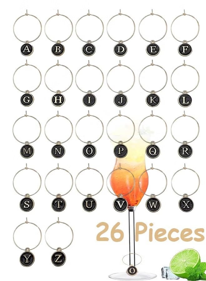 26 Pieces Wine Charms for Stem Glasses with Rings Tags Metal Letters Glass Charm Markers Letters Beads Markers for Wine Cocktail Champagne Party Favors Decorations Family Gathering - Image 1