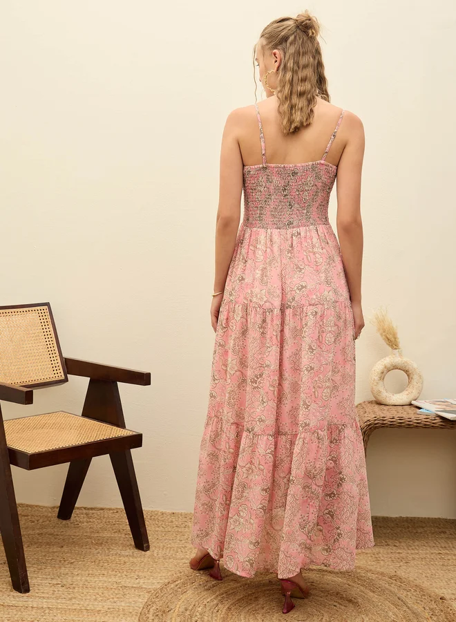 SASSAFRAS Sassafras Pink All Over Print Strappy Smocked Maxi Dress