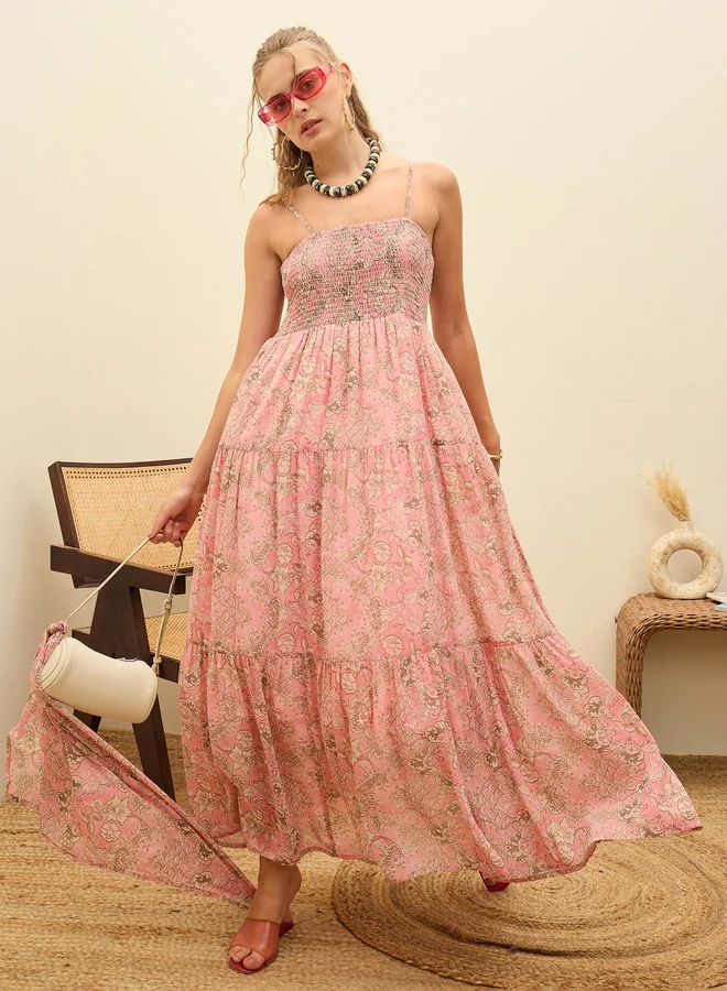 SASSAFRAS Sassafras Pink All Over Print Strappy Smocked Maxi Dress