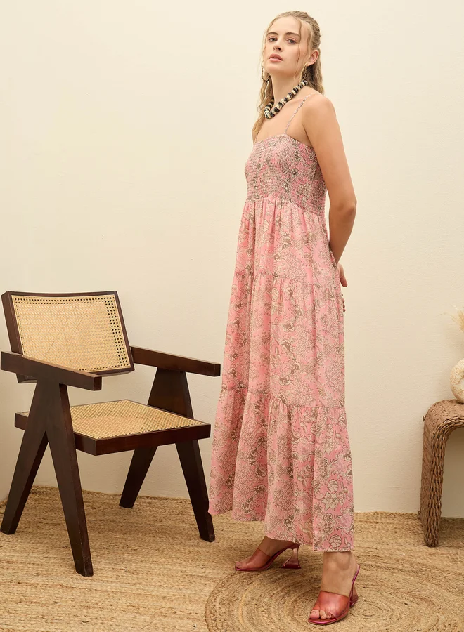 SASSAFRAS Sassafras Pink All Over Print Strappy Smocked Maxi Dress
