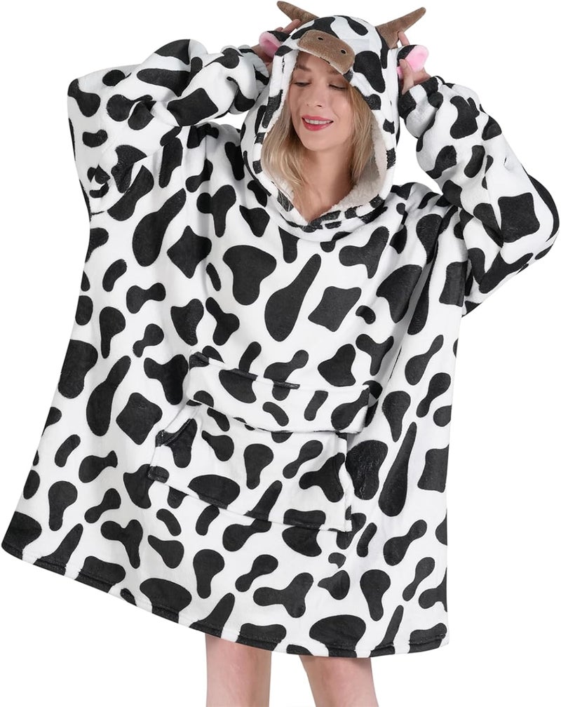Fiosnow Cow Print Blanket Hoodies for Women and Men Adult Oversize Wearable Blanket Hoodies for Soft and Warm - Image 1