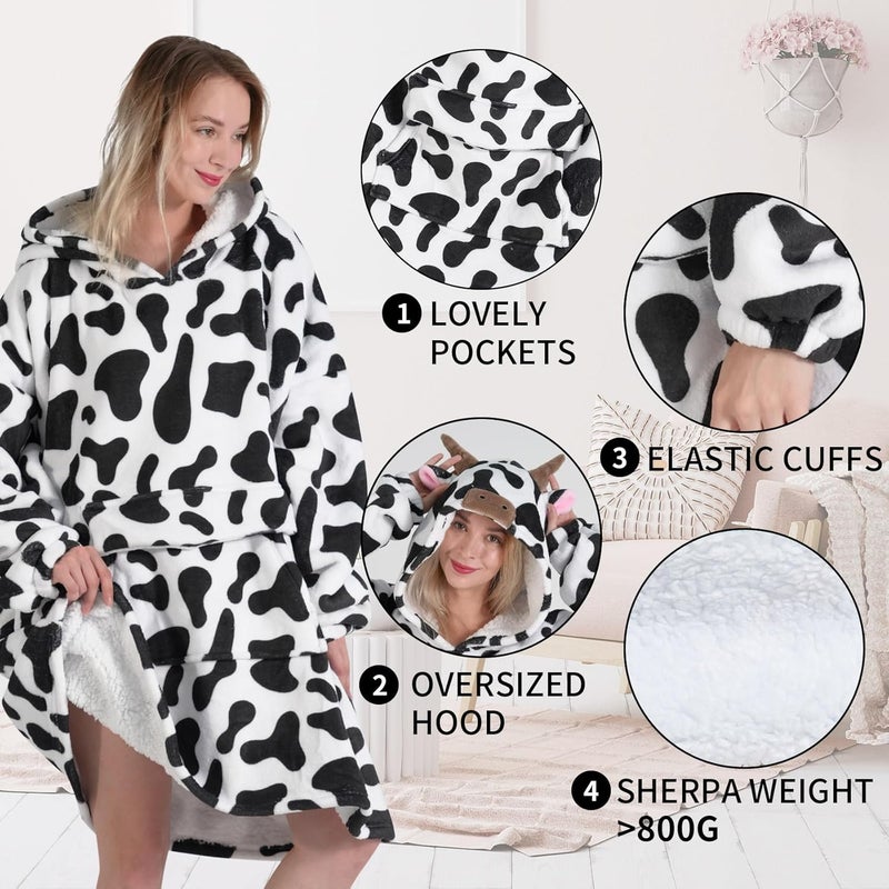 Fiosnow Cow Print Blanket Hoodies for Women and Men Adult Oversize Wearable Blanket Hoodies for Soft and Warm - Image 3
