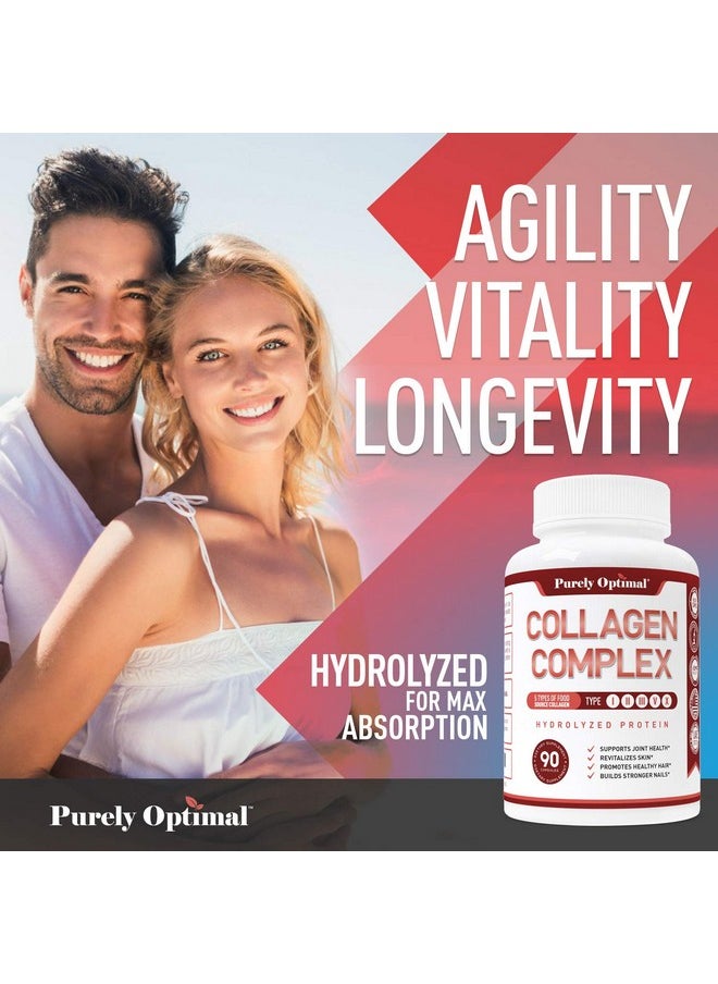 Purely Optimal - Premium Multi Collagen Peptides Capsules (Types I Ii Iii V X) Hair Skin And Nails Digestive & Joint Health Supplement Hydrolyzed Collagen Pills (90 Capsules) - Image 1