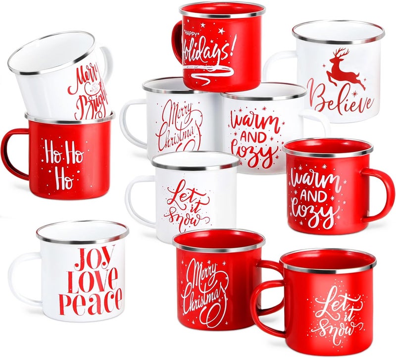 Uiifan 10 Pcs Christmas Coffee Enamel Mugs Cute 12 oz Galvanized Steel Festive White and Red Funny Novelty Cup Merry Christmas Mug Gift Set for Women Coworkers Teachers Hot Chocolate Tea - Image 1