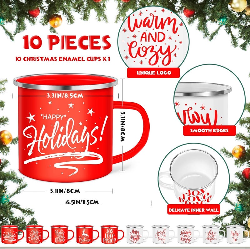 Uiifan 10 Pcs Christmas Coffee Enamel Mugs Cute 12 oz Galvanized Steel Festive White and Red Funny Novelty Cup Merry Christmas Mug Gift Set for Women Coworkers Teachers Hot Chocolate Tea - Image 2
