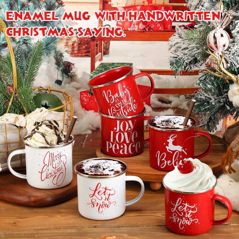 Uiifan 10 Pcs Christmas Coffee Enamel Mugs Cute 12 oz Galvanized Steel Festive White and Red Funny Novelty Cup Merry Christmas Mug Gift Set for Women Coworkers Teachers Hot Chocolate Tea - Image 3