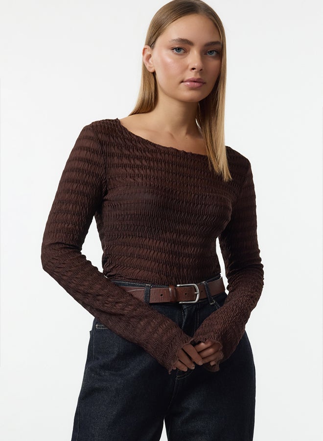 trendyol Brown Fitted/Slim Fit Textured Tulle Stretch Knitted Blouse - Image 1