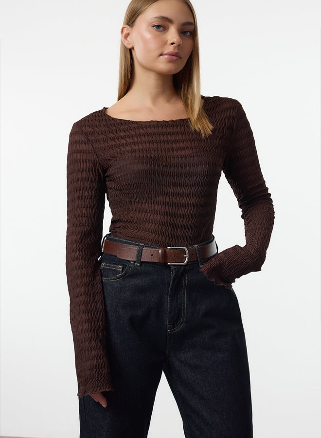 trendyol Brown Fitted/Slim Fit Textured Tulle Stretch Knitted Blouse - Image 2