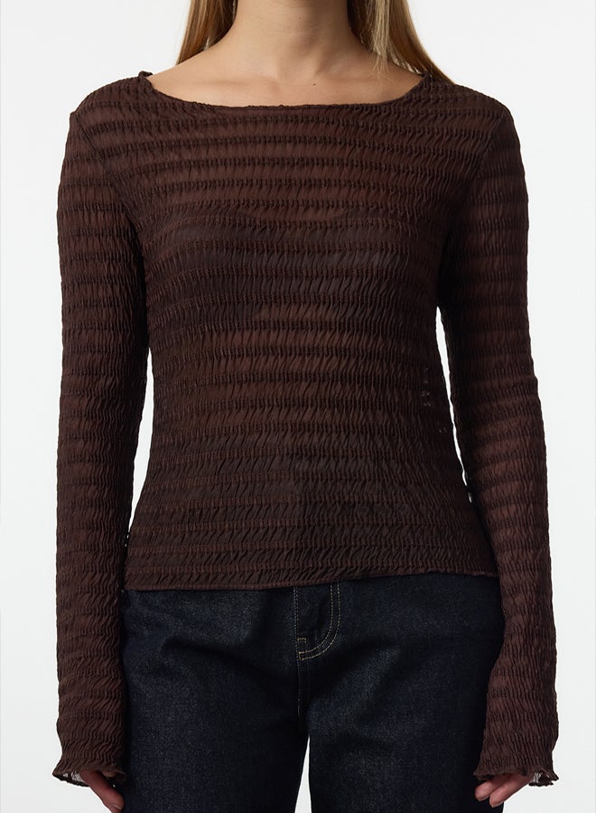 trendyol Brown Fitted/Slim Fit Textured Tulle Stretch Knitted Blouse - Image 4