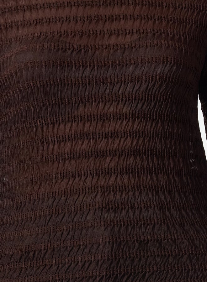 trendyol Brown Fitted/Slim Fit Textured Tulle Stretch Knitted Blouse - Image 3