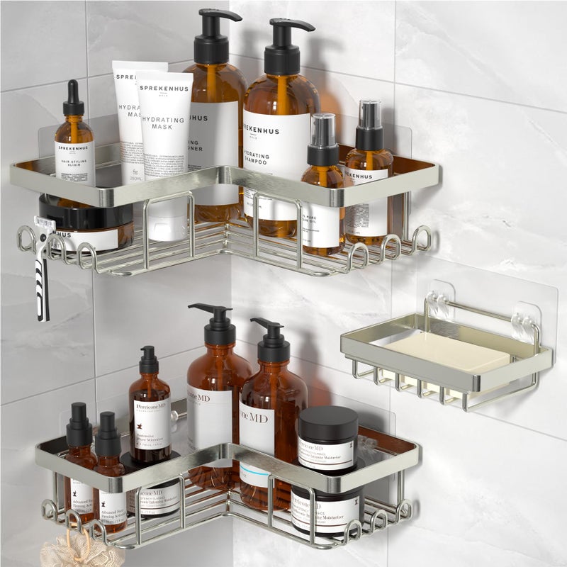 YASONIC Corner Shower Caddy 3Pack Adhesive Shower Caddy with Soap Holder and 12 Hooks Rustproof Stainless Steel Bathroom Organizer No Drilling Wall Mounted Shower Rack Nickel - Image 2
